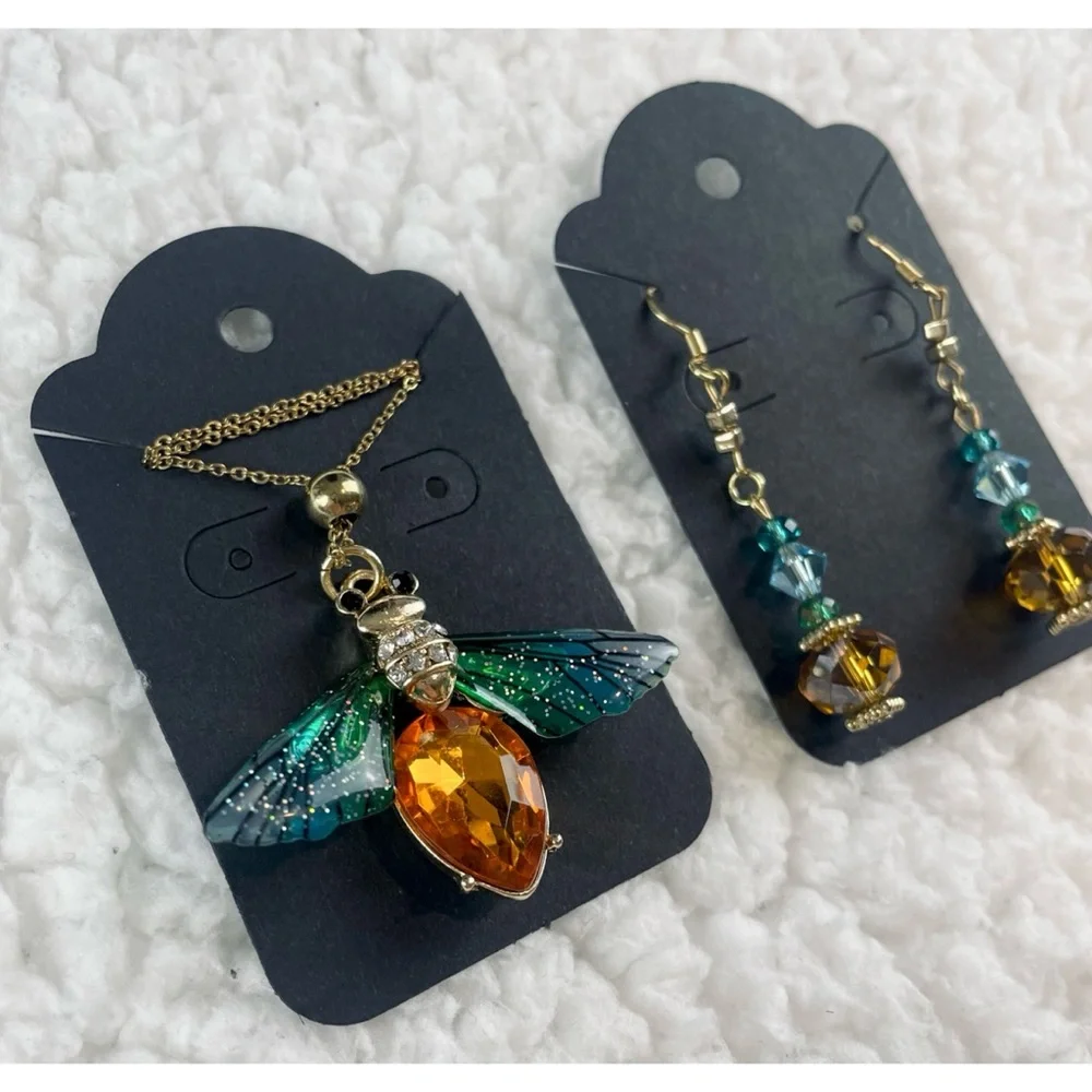 (NWOT) Blue/Green/Orange/Gold Firefly Necklace w/ Matching Drop Earrings - Picture 14 of 15